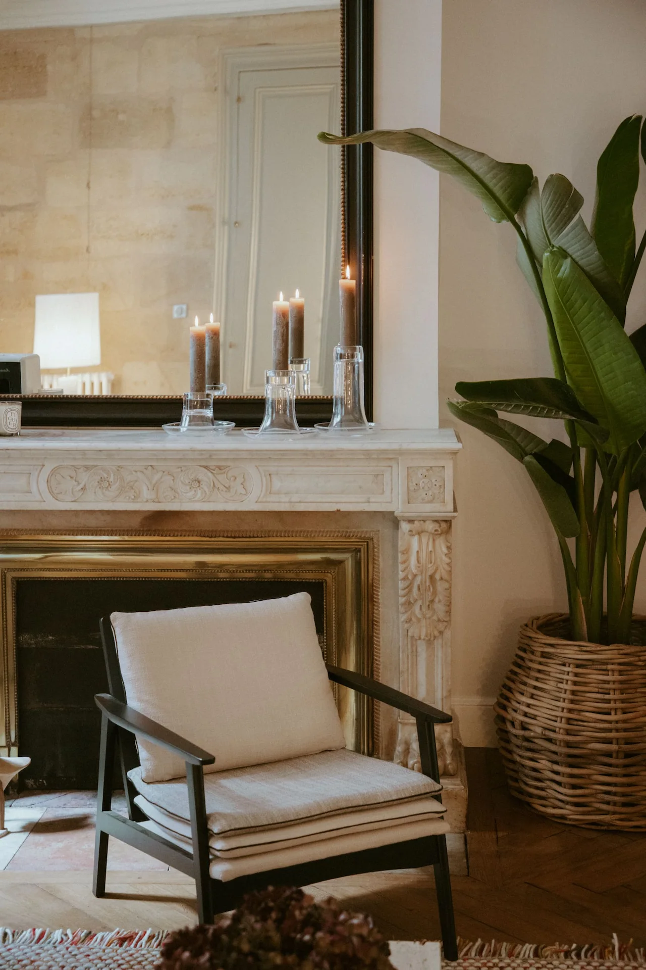 Living room with fireplace mandel house
